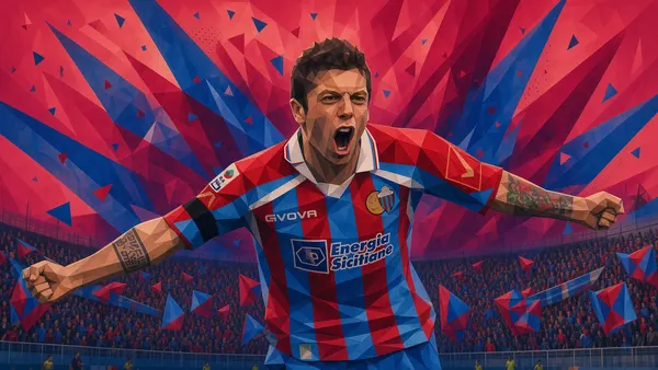 giocatore in maglia Givova Energia Siciliana che urla di gioia davanti alla curva, geometrie rosso-blu (03/09)