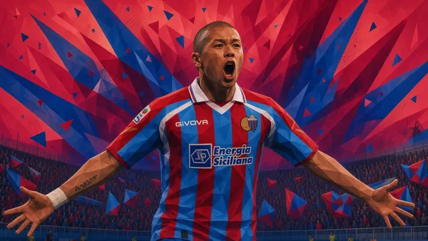 giocatore a braccia aperte in maglia Givova Energia Siciliana, urlo verso la curva, geometrie rosso-blu (03/09)